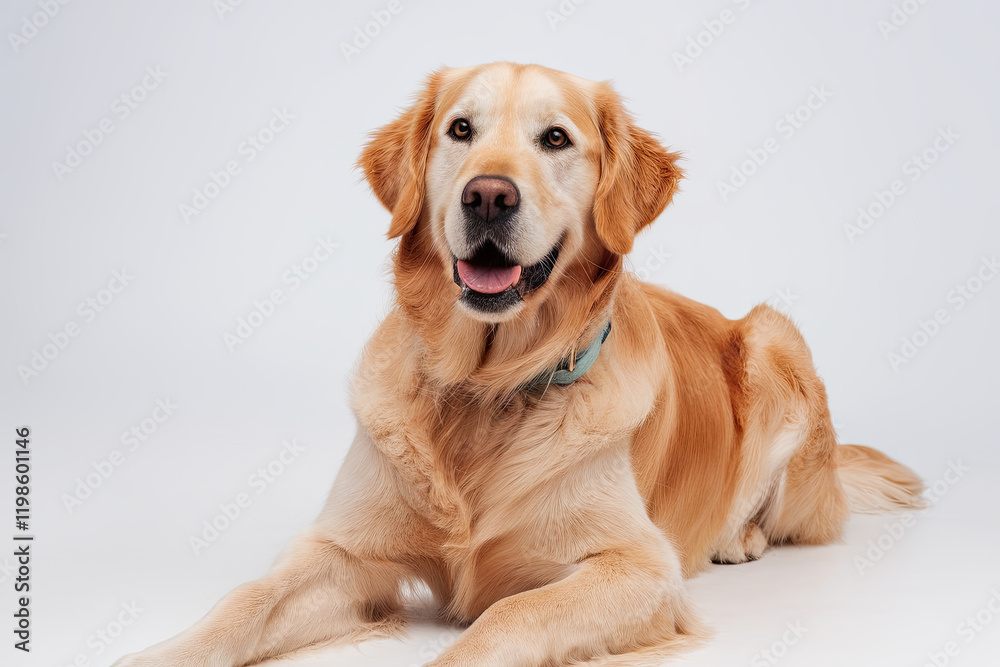 Golden retriever sitting calmly on a white background, showcasing a friendly expression Golden retriever sitting calmly on a white background, showcasing a friendly expression
