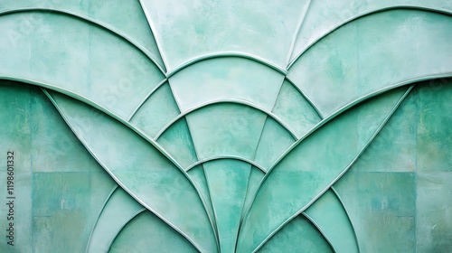 Teal Art Deco wall panel, outdoor building, geometric design, architectural detail