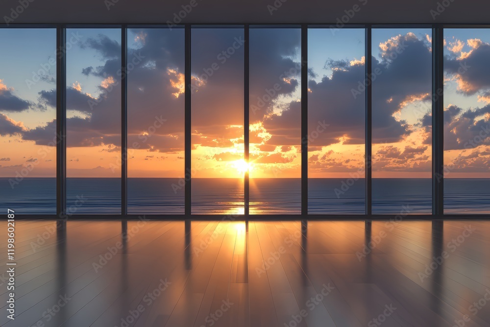 Fototapeta premium Serene Sunset Ocean View from Floor-to-Ceiling Windows