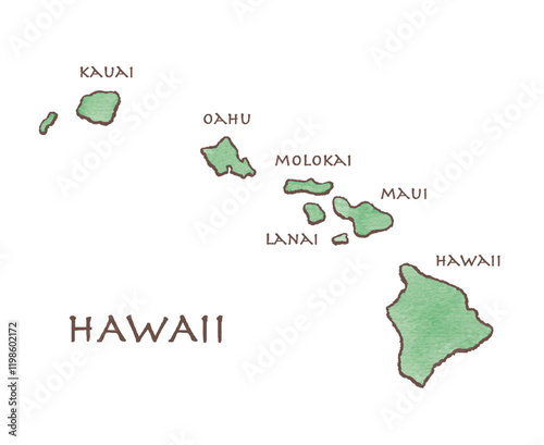 ハワイの地図　HAWAII map　手描き　水彩