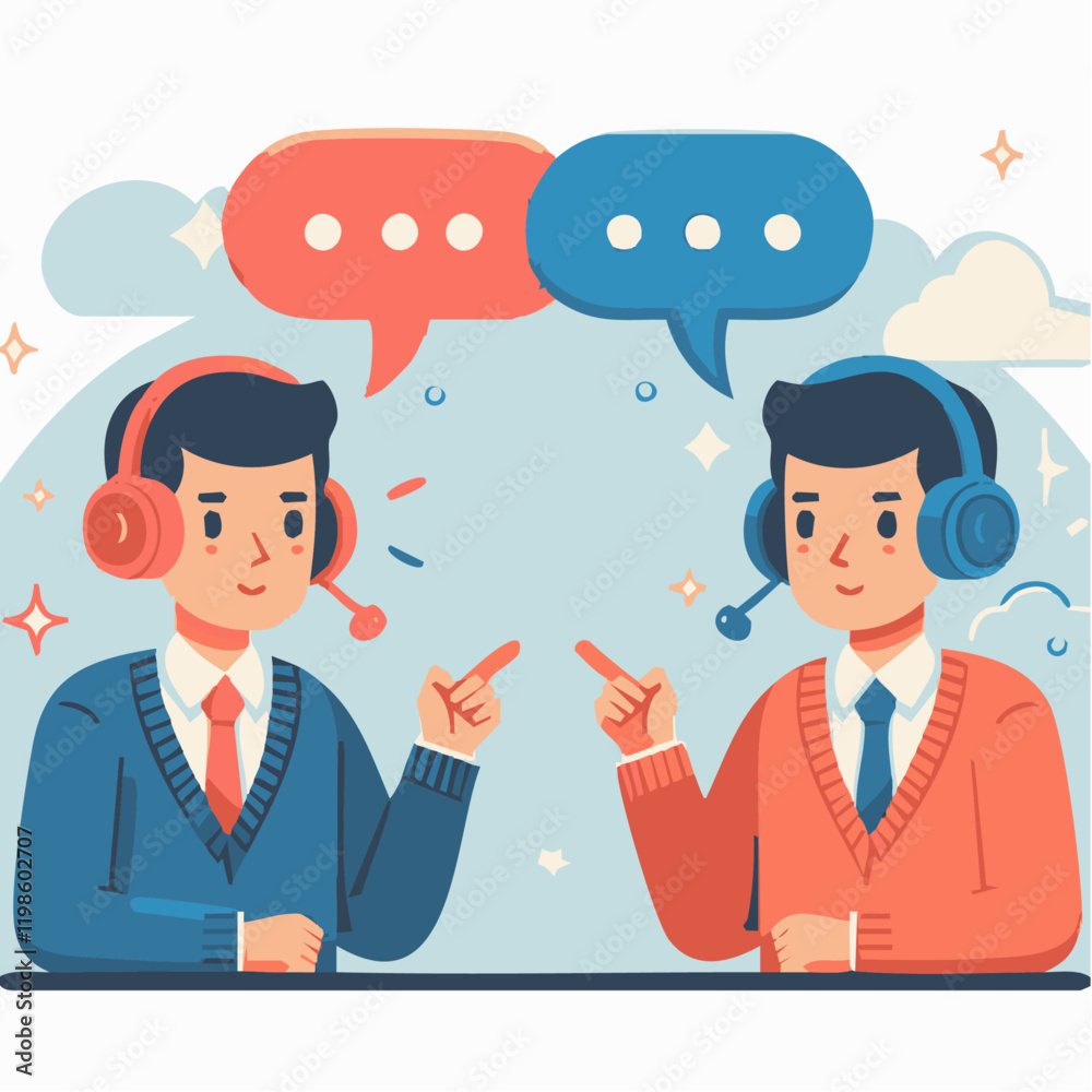 Young men working in customer service wearing a headset flat illustration. Online assistant, Consultant in the smartphone Young men working in customer service wearing a headset flat illustration. Online assistant, Consultant in the smartphone