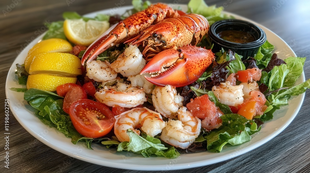 fresh seafood salad with lobster, crab, and shrimp, tossed with mixed greens, cherry tomatoes, and a tangy vinaigrette dressing fresh seafood salad with lobster, crab, and shrimp, tossed with mixed greens, cherry tomatoes, and a tangy vinaigrette dressing