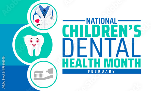 Children’s Dental Health Month or Children Dental Health Month background banner or poster design template. observed every year in February. Holiday concept. Use to any Template, card, poster, placard