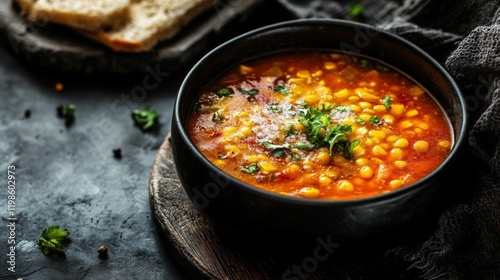 Corn soup on a black bowld photo