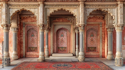 Ornate Palace Interior with Intricate Columns, Arches, and Persian Rug.