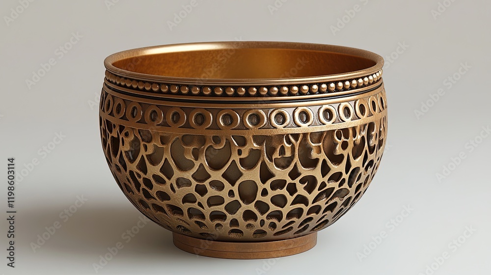 A decorative bowl with intricate cut-out patterns and a metallic finish, ideal for display or serving. A decorative bowl with intricate cut-out patterns and a metallic finish, ideal for display or serving.