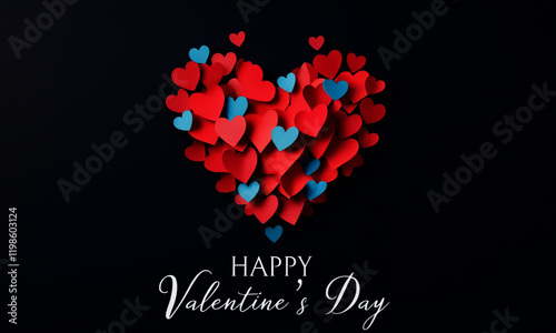 Happy Valentine's Day Heart with Red and Blue Paper Cut Hearts on Black Background, Romantic and Festive Design for Valentine's Day Cards, Invitations, Posters, and Digital Media