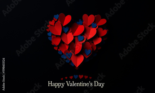Happy Valentine's Day Heart with Red and Blue Paper Cut Hearts on Black Background, Romantic and Festive Design for Valentine's Day Cards, Invitations, Posters, and Digital Media