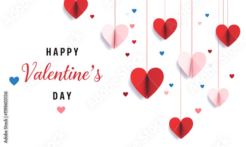 Valentine's Day Heart design with Red, Pink, and Blue Paper Cut Hearts on Pink Background, Romantic and Festive Design for Valentine's Day Cards, Invitations, Posters, and Digital Media