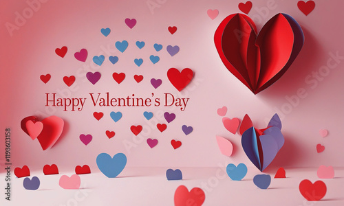 Valentine's Day Heart design with Red, Pink, and Blue Paper Cut Hearts on Pink Background, Romantic and Festive Design for Valentine's Day Cards, Invitations, Posters, and Digital Media