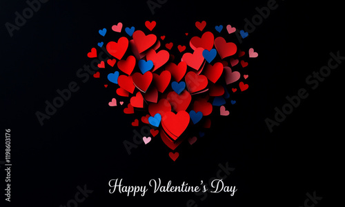 Happy Valentine's Day Heart with Red and Blue Paper Cut Hearts on Black Background, Romantic and Festive Design for Valentine's Day Cards, Invitations, Posters, and Digital Media