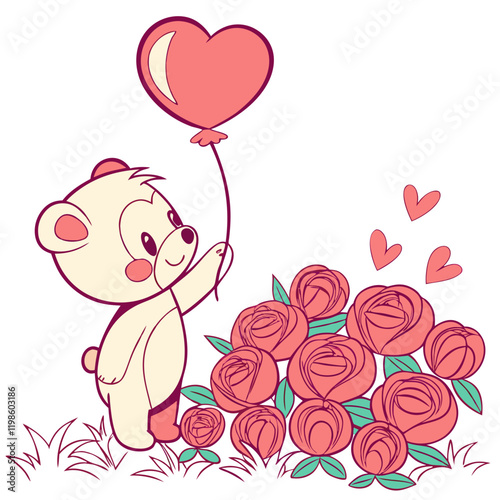 A vector of a cute teddy bear holding a heart-shaped balloon, standing on a bed of roses, with soft shadows and vibrant colors