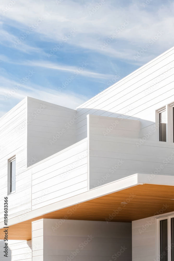 Modern architecture design featuring a white exterior with clean lines and natural wood accents Modern architecture design featuring a white exterior with clean lines and natural wood accents