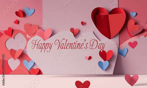 Valentine's Day Heart design with Red, Pink, and Blue Paper Cut Hearts on Pink Background, Romantic and Festive Design for Valentine's Day Cards, Invitations, Posters, and Digital Media
