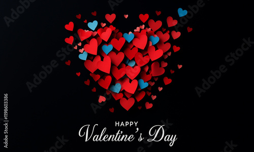 Happy Valentine's Day Heart with Red and Blue Paper Cut Hearts on Black Background, Romantic and Festive Design for Valentine's Day Cards, Invitations, Posters, and Digital Media