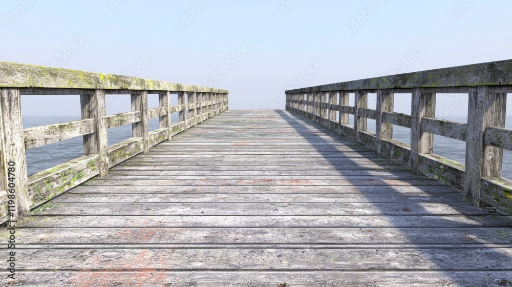 Rustic Wooden Pier Extending Over Calm Ocean Waters Weathered Walkway Seascape View Rustic Wooden Pier Extending Over Calm Ocean Waters Weathered Walkway Seascape View