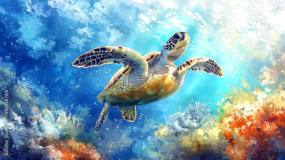 Obraz premium A Vibrant Watercolor Painting of a Sea Turtle Gracefully Swimming Through a Coral Reef.