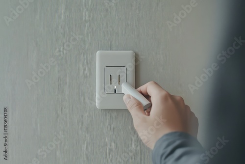 A minimalist composition featuring a hand inserting a sleek device charger into a perfectly aligned wall socket, with neutral tones in the background. photo