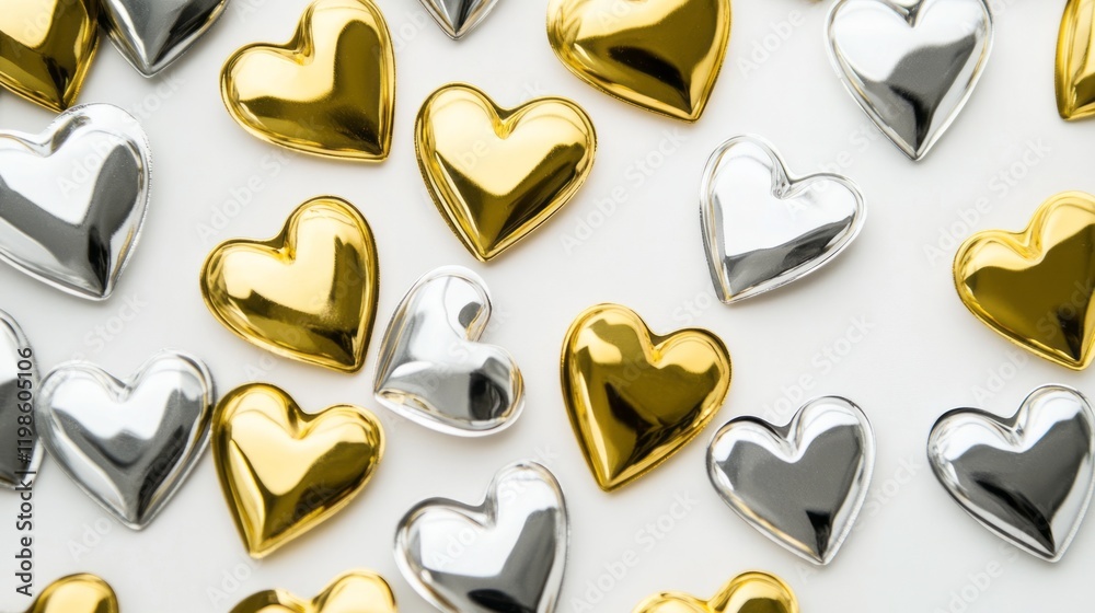 Decorative hearts in metallic finishes scattered on a light background for creative projects and celebrations Decorative hearts in metallic finishes scattered on a light background for creative projects and celebrations