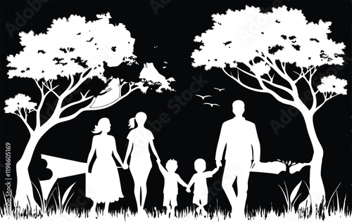 Family Walk in the Park Silhouette