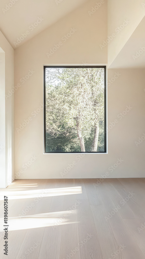Fototapeta premium Modern minimalist interior featuring large window with natural light in serene setting