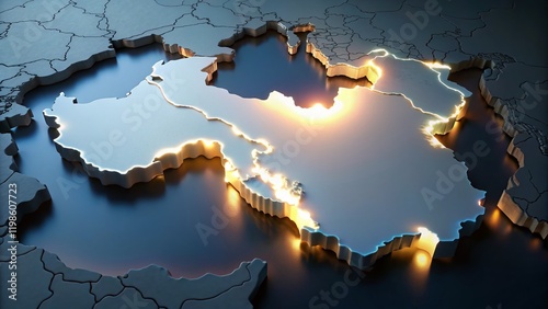Low Light 3D World Map Highlighting Iran - Digital Render