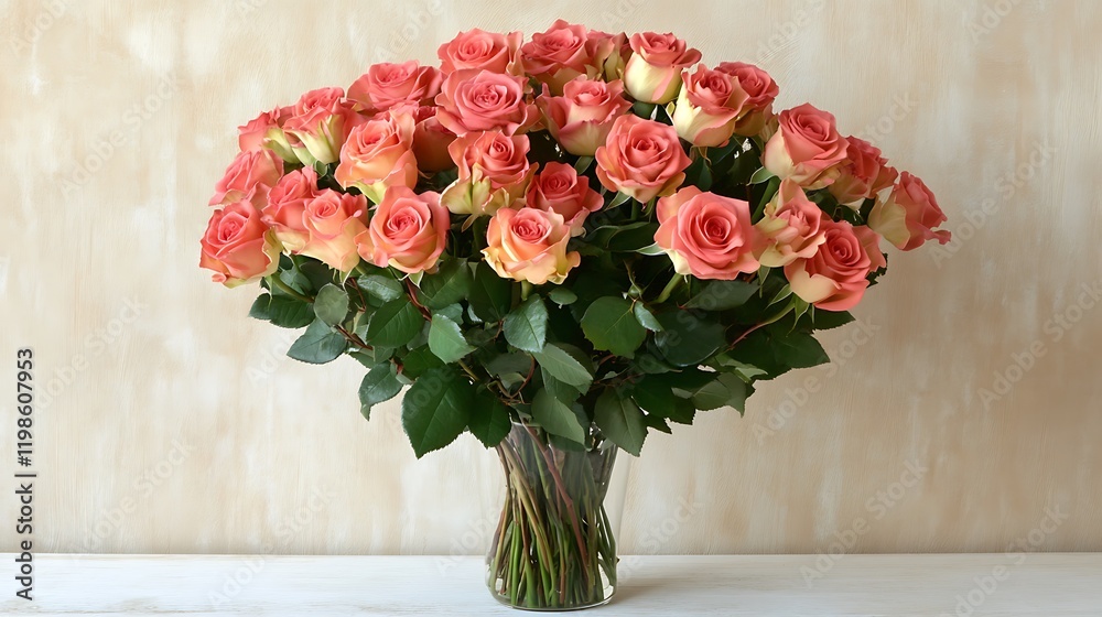 Fototapeta premium Peach roses bouquet vase studio background gift
