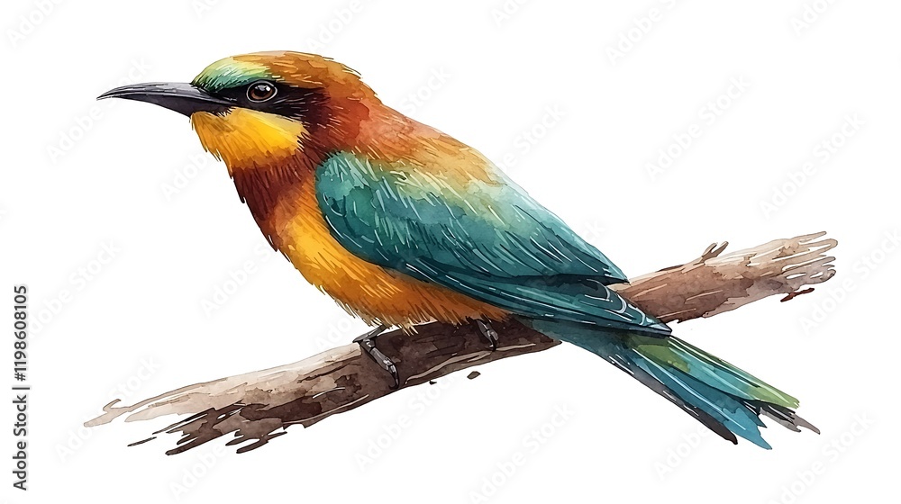Fototapeta premium Watercolor painting of a vibrant Blue-tailed Bee-eater perched on a branch.