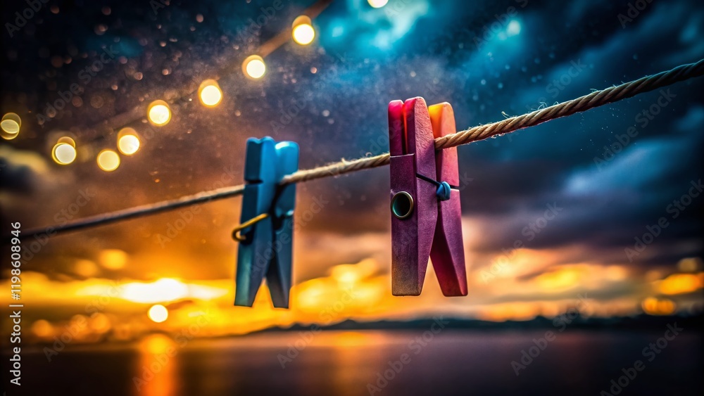 Low Light Moody Photography: Clothes Peg Silhouette on Laundry Line Low Light Moody Photography: Clothes Peg Silhouette on Laundry Line