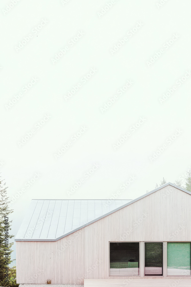 Obraz premium Modern architectural design of a minimalist house surrounded by trees in a misty landscape