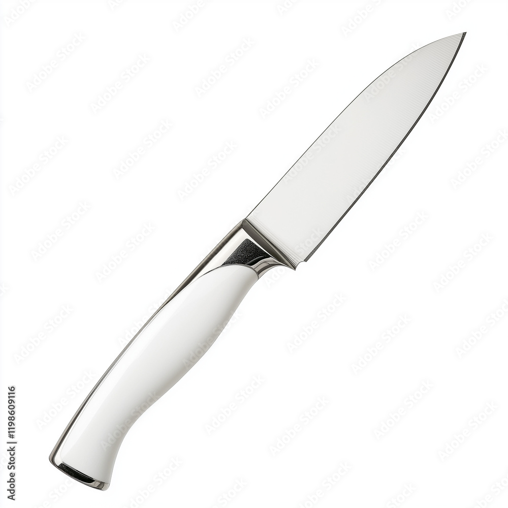 A white knife with a silver handle