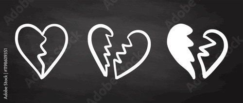 Set of broken heart icons in doodle style on chalkboard
