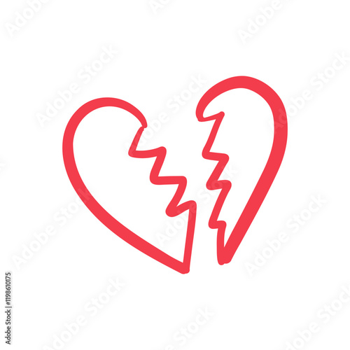Red broken heart hand-drawn sketch isolated on white in doodle style