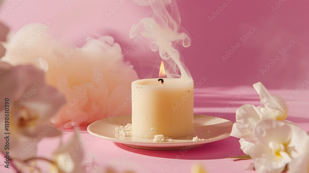 A pink backdrop features a vanilla scented candle getting burnt