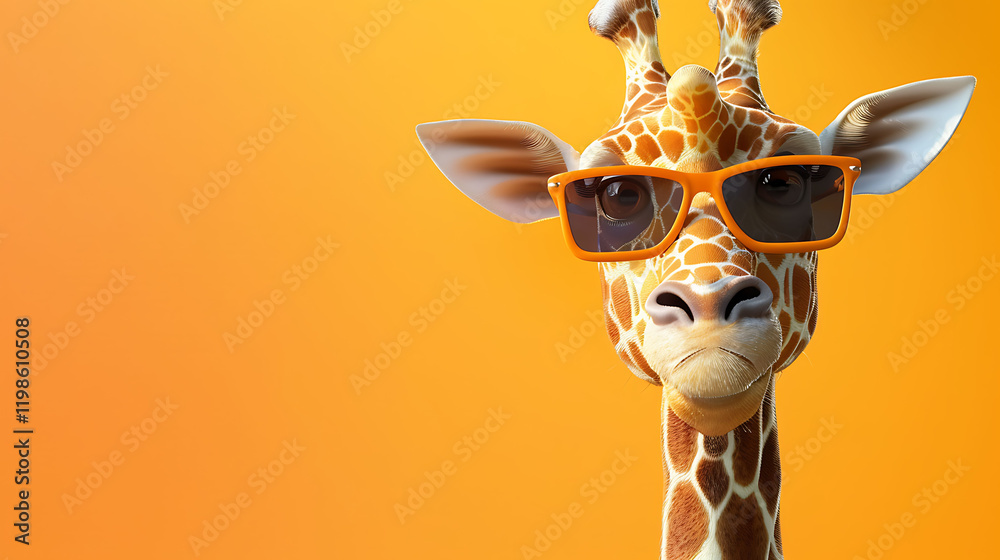 A playful cartoon giraffe wearing sunglasses grins against a bright background leaving ample space for text A playful cartoon giraffe wearing sunglasses grins against a bright background leaving ample space for text