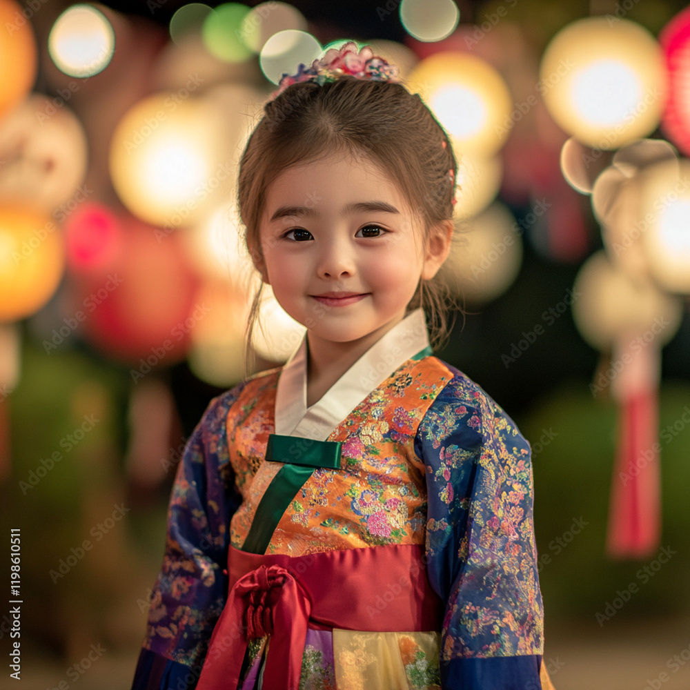A cheerful young girl in a vibrant traditional Korean hanbok poses against a beautifully illuminated festive background. A cheerful young girl in a vibrant traditional Korean hanbok poses against a beautifully illuminated festive background.