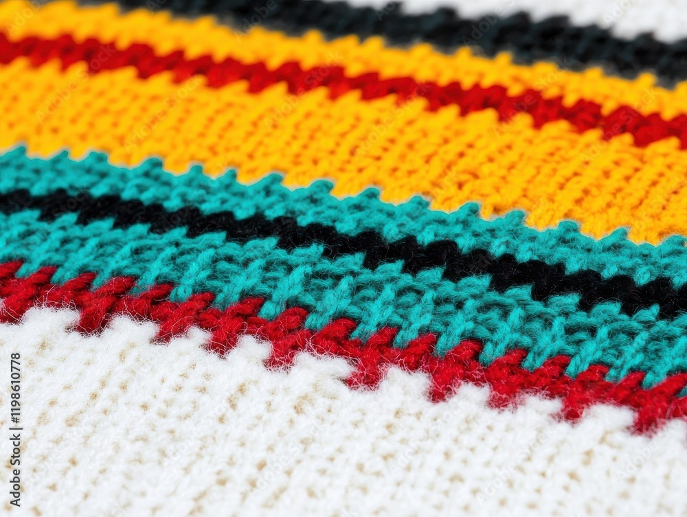 Fototapeta premium A close-up of colorful knitted fabric featuring stripes in vibrant hues of red, yellow, turquoise, and black, showcasing intricate stitching patterns.