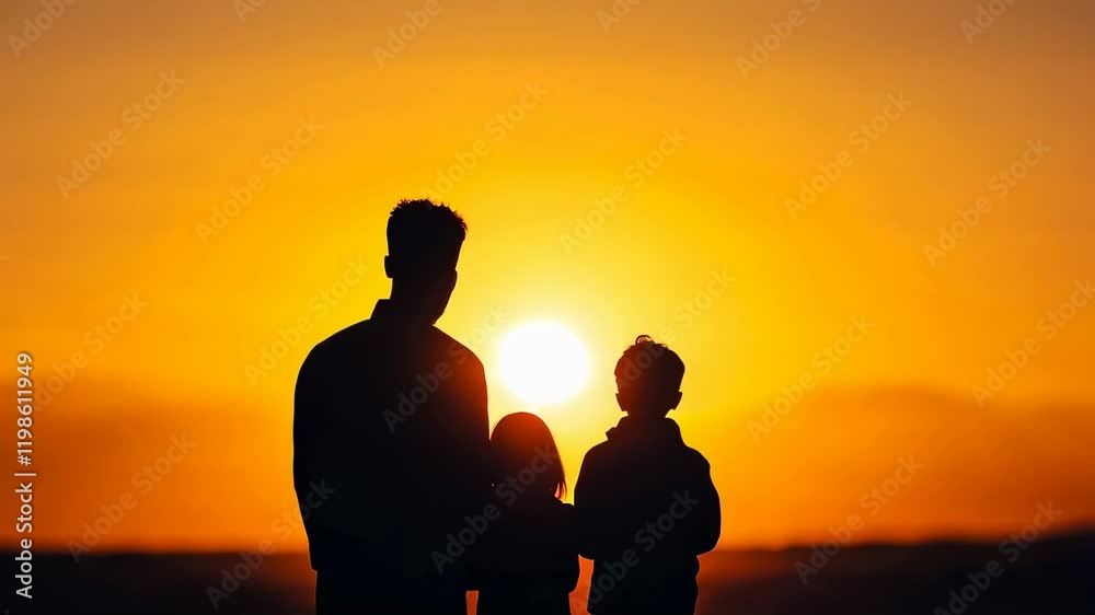 Family Silhouette Sunset - A family of three, silhouetted against a vibrant sunset, symbolizes love, unity, hope, family, and togetherness.