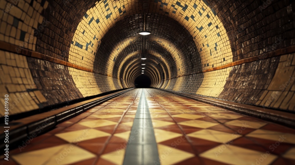 Naklejka premium Mysterious Underground Tunnel with Geometric Tile Floor