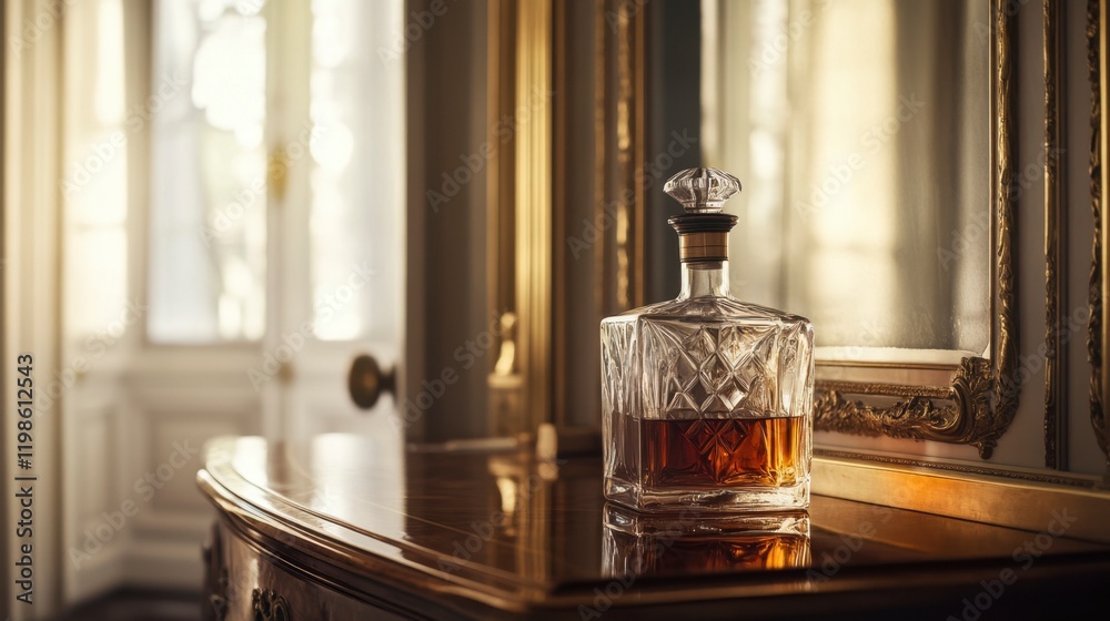 Decanter of Liquor on Antique Sideboard in Elegant Room Decanter of Liquor on Antique Sideboard in Elegant Room