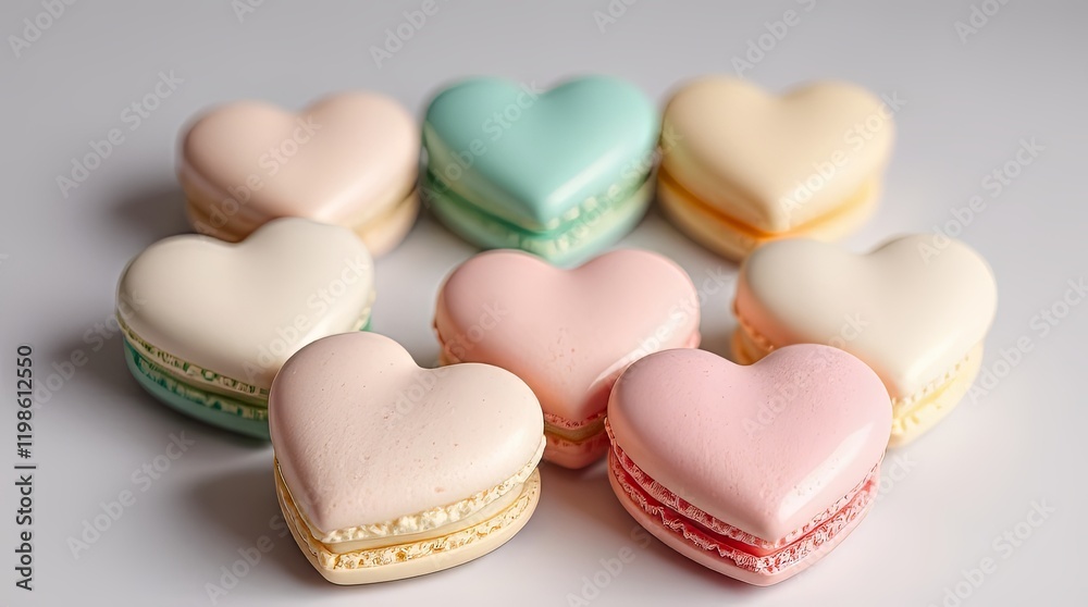 Fototapeta premium Heart shaped macarons in pastel colors arranged on a white surface for Valentine's day