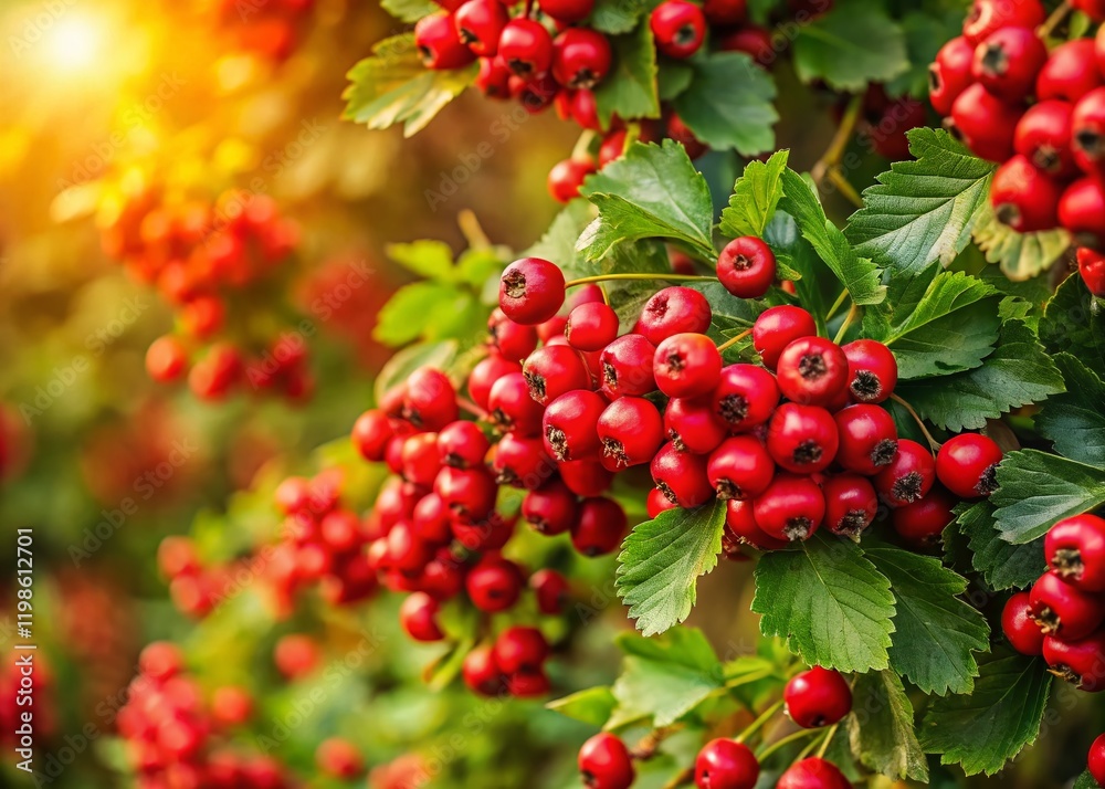 Lush Hawthorn Bush with Ripe Red Berries - Autumn Nature Stock Photo Lush Hawthorn Bush with Ripe Red Berries - Autumn Nature Stock Photo