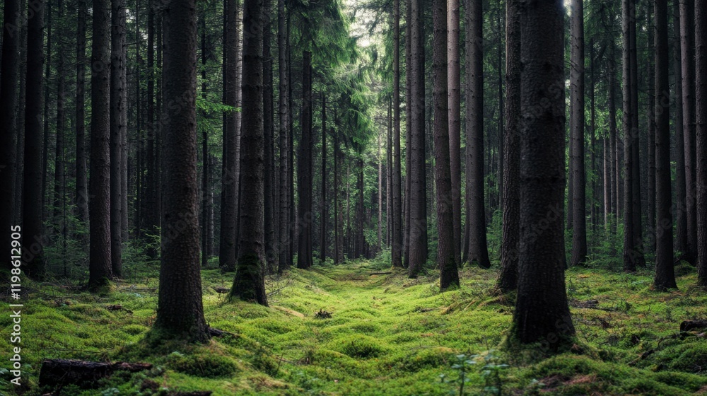 Obraz premium Serene Mossy Forest Path - Nature's Tranquil Embrace