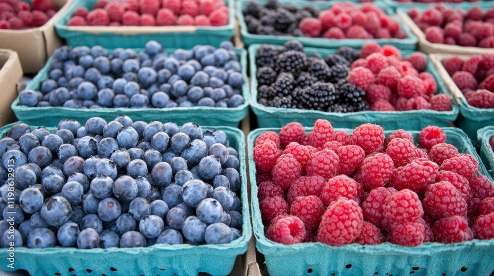 Farmer's Market Berries: Blueberries, Raspberries, and Blackberries in Rustic Baskets Farmer's Market Berries: Blueberries, Raspberries, and Blackberries in Rustic Baskets
