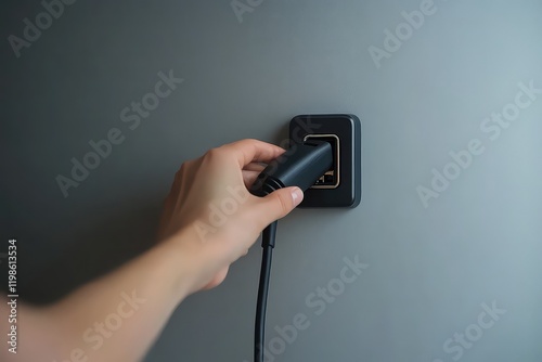 A side view of a hand unplugging a black charger from a wall socket, with slight motion blur to suggest action, against a clean backdrop. photo