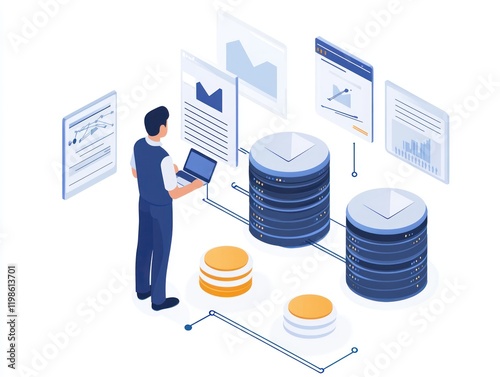 Database Administrator - Database administrator managing databases or analyzing data queries, in a tech environment, on a White Background.