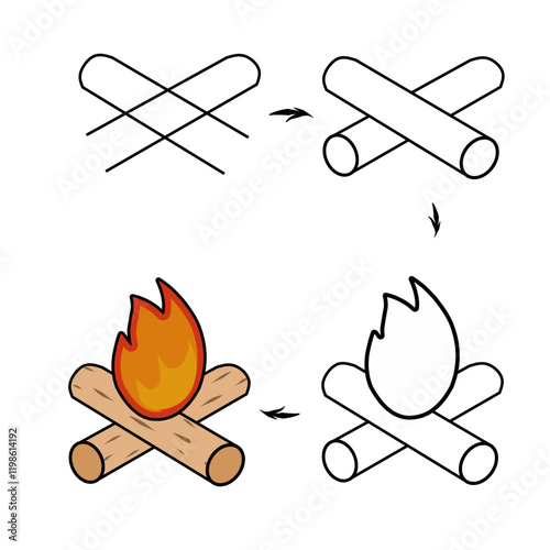vector design step by step drawing bonfire, tutorial drawing bonfire, how to draw fire