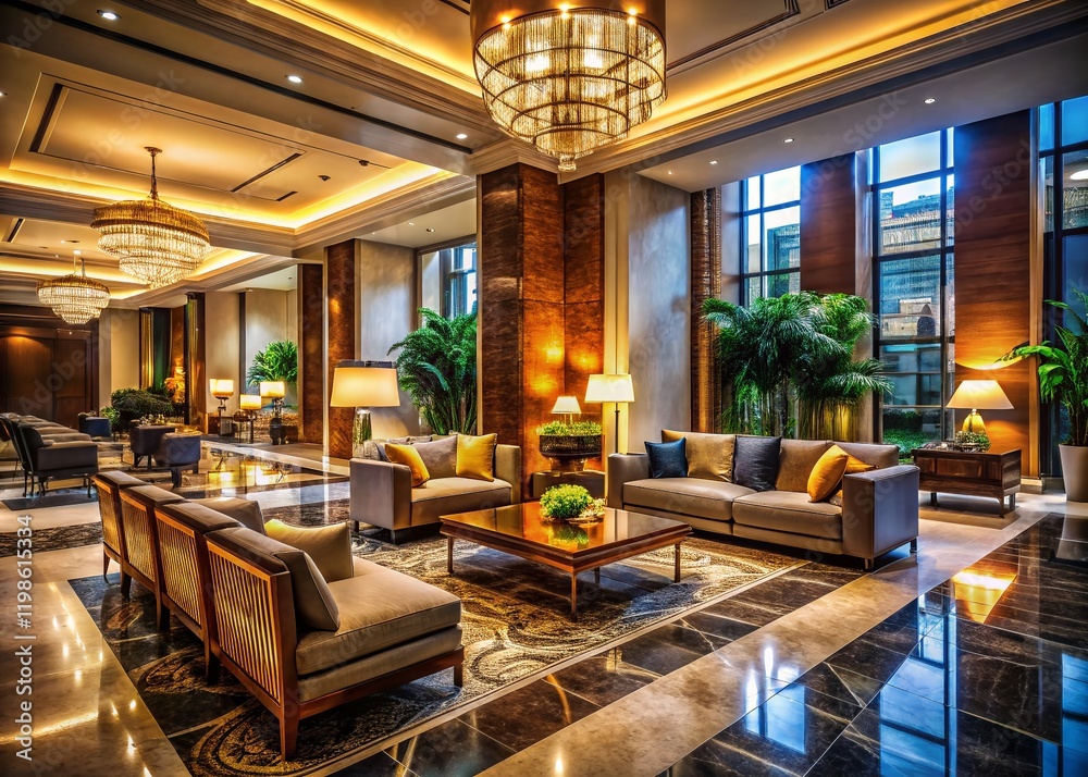Naklejka premium Luxurious Hotel Interior Night Photography: Elegant Lobby with Warm Lighting