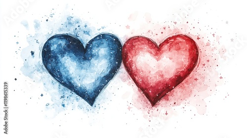 Colorful Blue and Red Hearts with Watercolor Splash Background