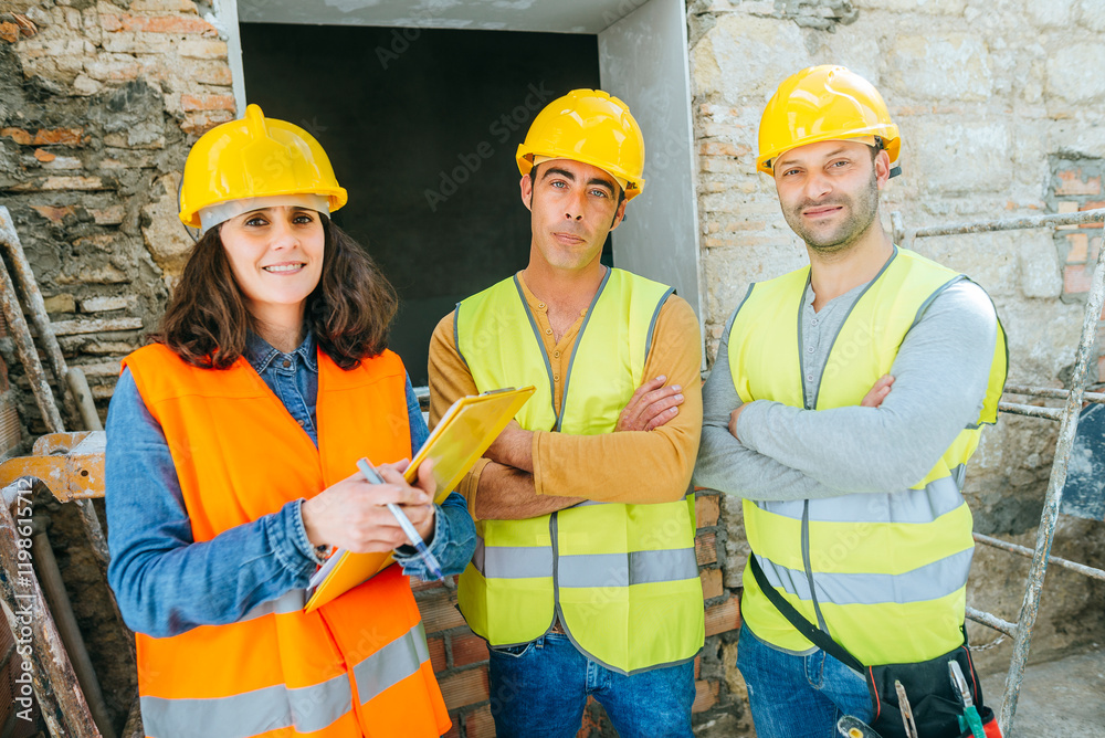 Group of construction workers posing at camera. Group of construction workers posing at camera.